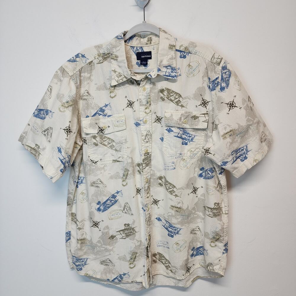 Vintage Basic Editions Mens Airplane Button Up Shirt Size XLT Flight 90s Dad